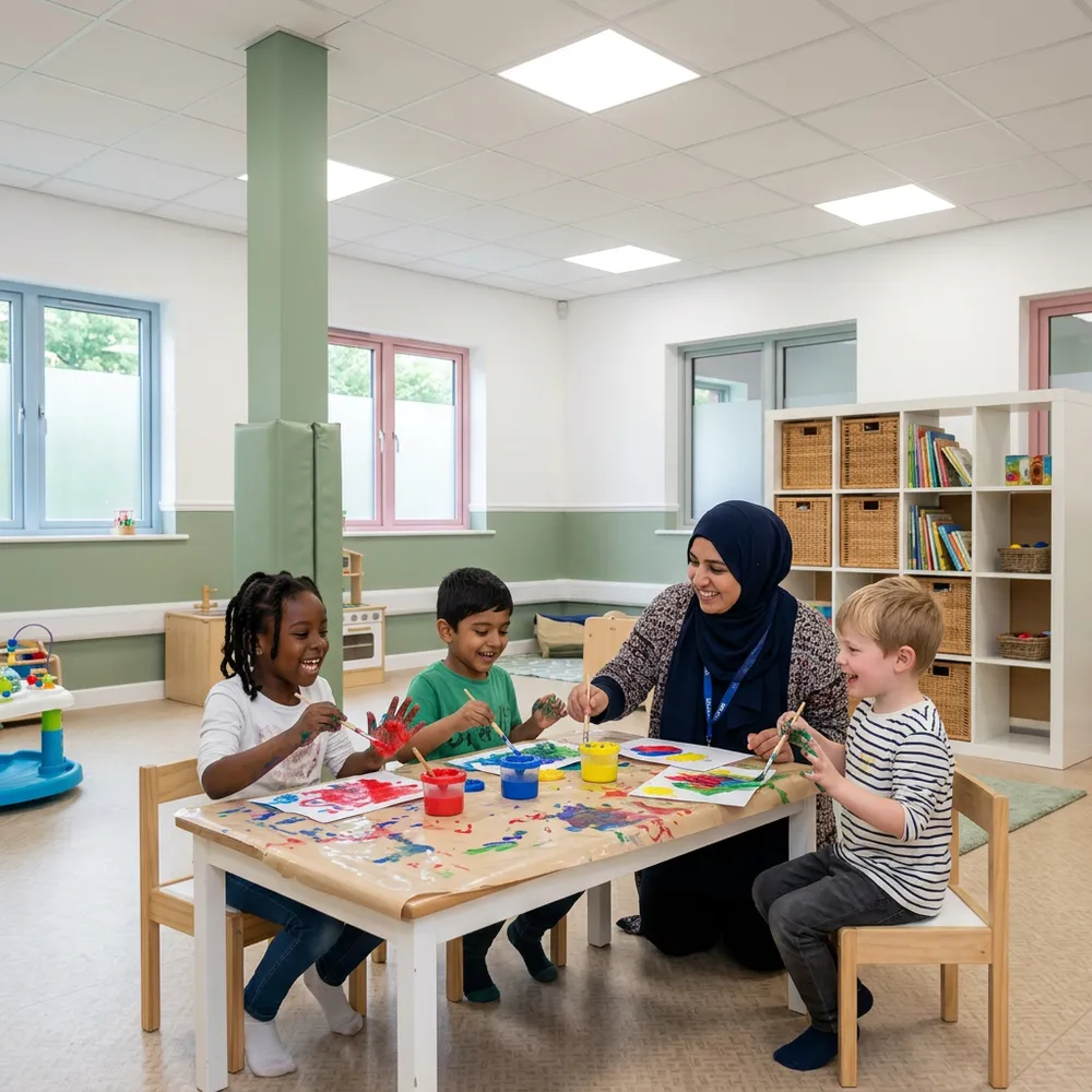 Three children painting with bright colours at a table while a carer in a hijab helps