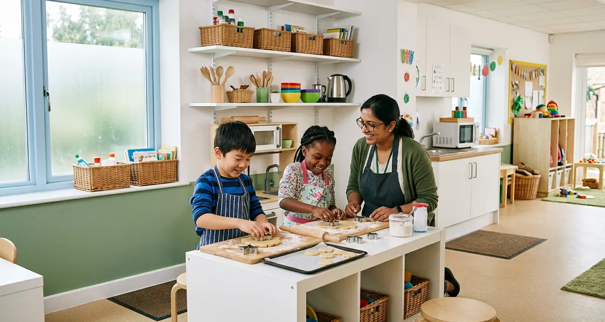 Two children cutting out cookie dough shapes with a carer