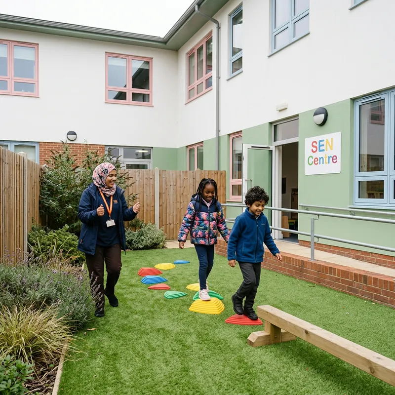 Two children crossing colourful stepping stones on the grass while a play worker cheers them on