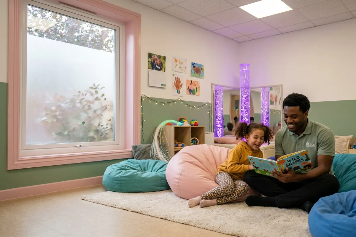 A carer reading a picture book with a laughing girl on beanbags in our sensory corner