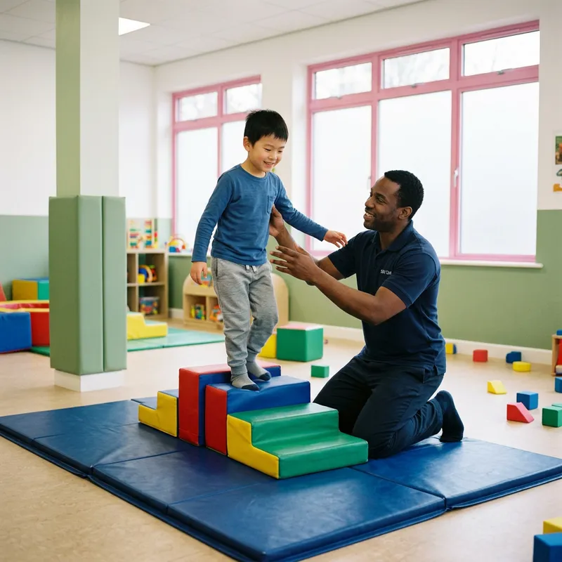 An occupational therapist helping a child balance on a therapy ball in our main hall