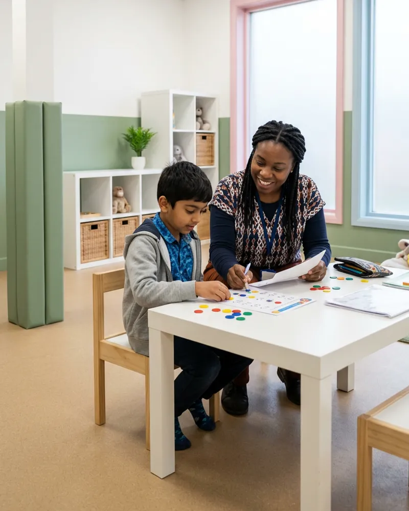 A tutor helping a boy with a maths worksheet and coloured counters at a small table in our centre