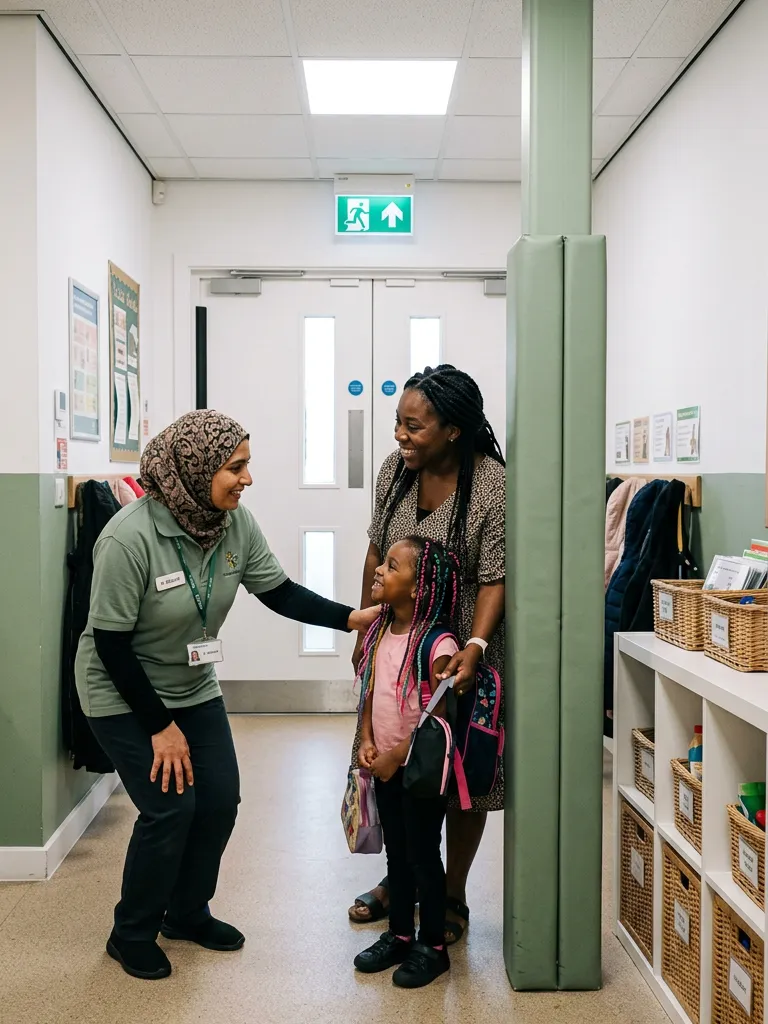 A carer warmly welcoming a mother and her daughter at the entrance to our centre